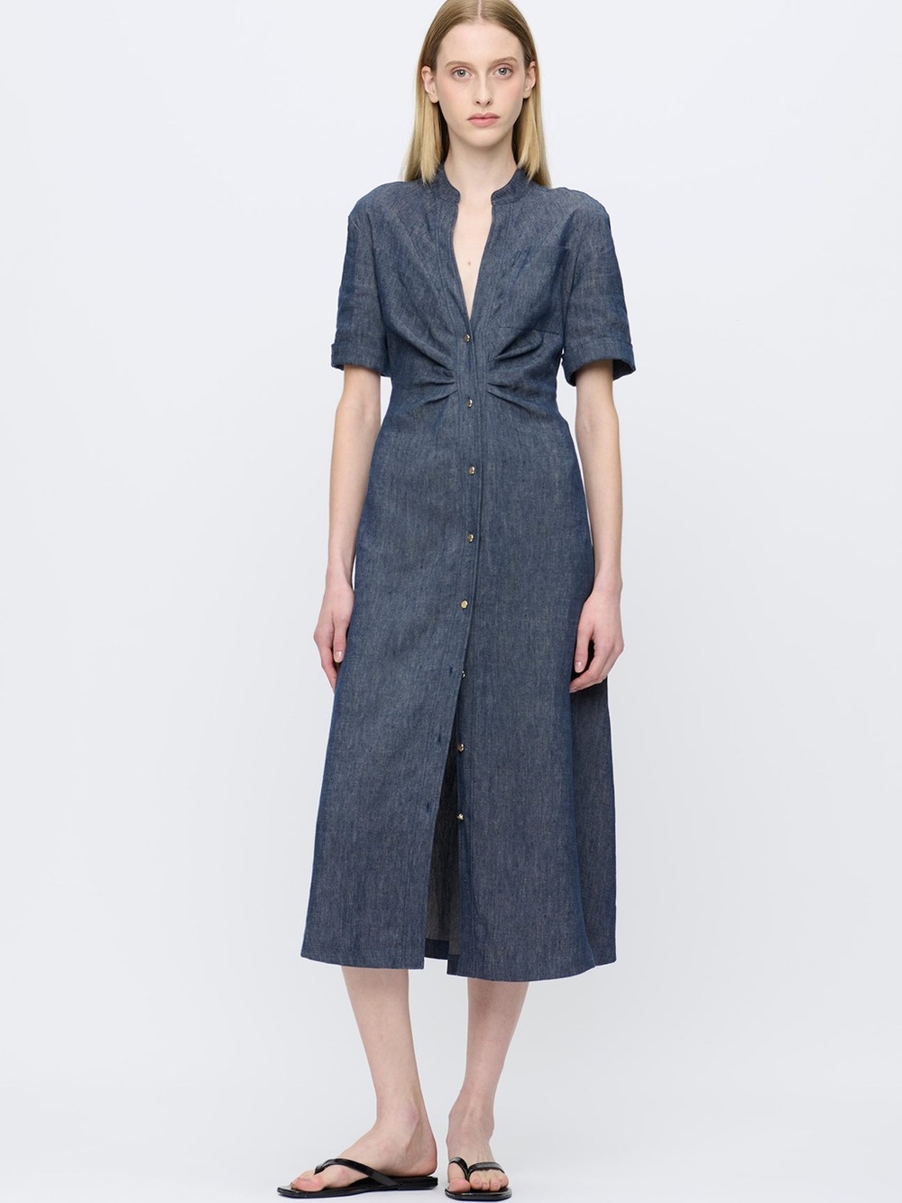 Callas Milano Noor Shirt Dress Denim Button Front Midi Dress Italian Linen 44